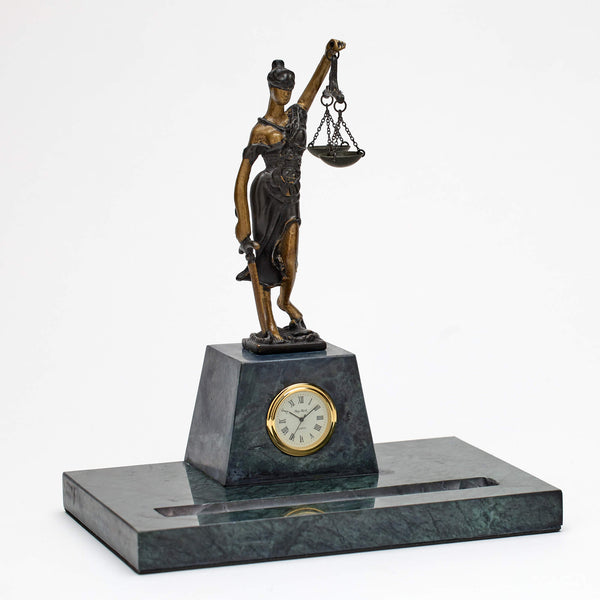 Lady Justice Pen Holder with Clock on Marble Base