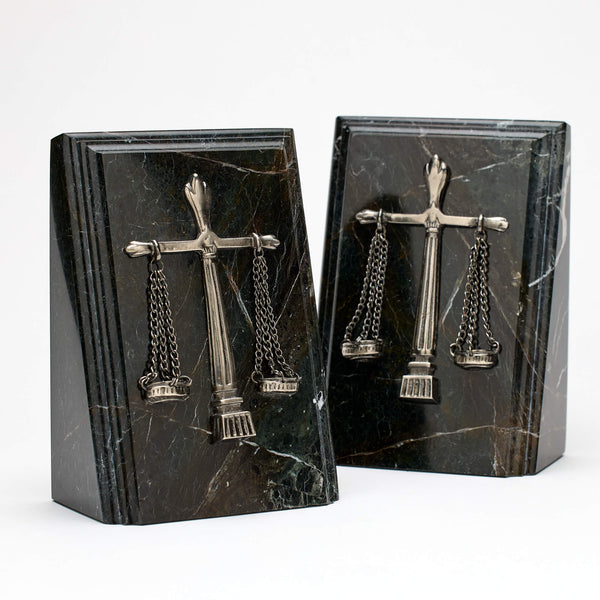 Fancy Beveled Marble Bookends with Scales of Justice