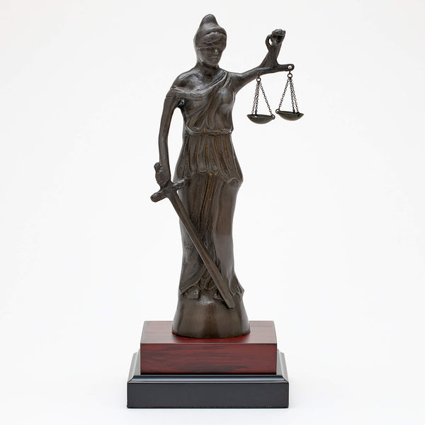 Sculptured Lady Justice Statue on Wood Base