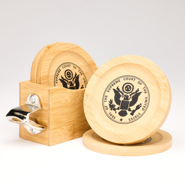 Supreme Court Bamboo Coaster Set with Bottle Opener